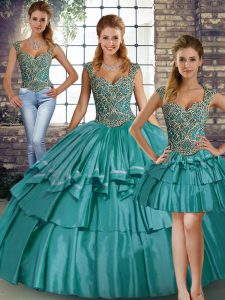 Teal Taffeta Lace Up Straps Sleeveless Floor Length Sweet 16 Dress Beading and Ruffled Layers