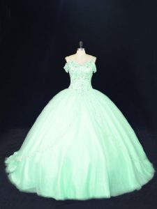 Beading Sweet 16 Dress Apple Green Lace Up Sleeveless Court Train