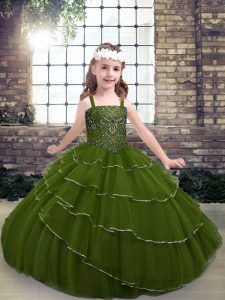 Sleeveless Tulle Floor Length Lace Up Pageant Dress in Olive Green with Beading and Ruffled Layers