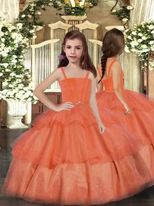 Orange Red Lace Up Straps Ruffled Layers Little Girl Pageant Gowns Organza Sleeveless
