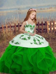 Green Glitz Pageant Dress Party and Sweet 16 and Wedding Party with Embroidery and Ruffles Straps Sleeveless Lace Up