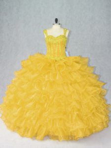 Glamorous Ball Gowns Quinceanera Dresses Gold Straps Organza Sleeveless Floor Length Lace Up