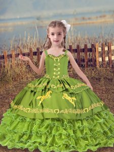 Elegant Sleeveless Lace Up Floor Length Beading and Embroidery and Ruffled Layers Girls Pageant Dresses