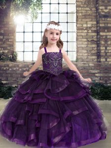 Simple Sleeveless Floor Length Beading and Ruffles Lace Up Little Girl Pageant Gowns with Purple