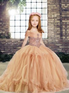 Pretty Ball Gowns Child Pageant Dress Champagne Straps Tulle Sleeveless Floor Length Lace Up