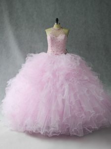 Delicate Pink Quinceanera Gown Sweet 16 and Quinceanera with Beading and Ruffles Halter Top Sleeveless Lace Up