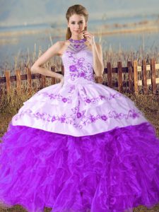 Attractive Floor Length Purple Sweet 16 Dress Organza Court Train Sleeveless Embroidery and Ruffles