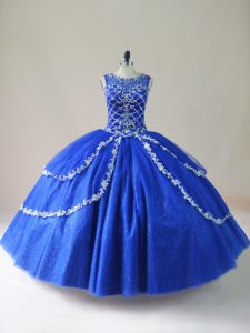 Royal Blue Tulle Zipper Quinceanera Gowns Sleeveless Floor Length Beading