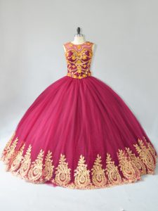 Burgundy Tulle Lace Up Scoop Sleeveless Floor Length Sweet 16 Quinceanera Dress Appliques