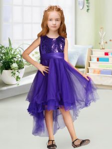 Eye-catching Purple A-line Scoop Sleeveless Organza High Low Zipper Sequins and Bowknot Child Pageant Dress