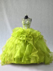 Floor Length Ball Gowns Sleeveless Yellow Green Quince Ball Gowns Lace Up