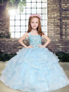 Latest Ball Gowns Pageant Dress for Womens Light Blue Straps Tulle Sleeveless Floor Length Lace Up