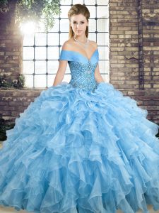 Lace Up Quince Ball Gowns Blue for Military Ball and Sweet 16 and Quinceanera with Beading and Ruffles Brush Train