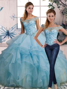 Light Blue Lace Up Sweet 16 Quinceanera Dress Beading and Ruffles Sleeveless Floor Length