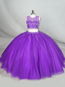 Purple Sleeveless Beading Zipper Sweet 16 Dresses