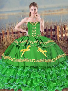Green Lace Up Sweetheart Embroidery and Ruffled Layers Quinceanera Gown Organza Sleeveless Brush Train