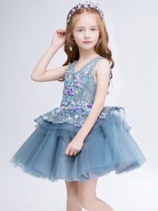 Sleeveless Tulle Mini Length Lace Up Little Girl Pageant Gowns in Grey with Lace and Appliques