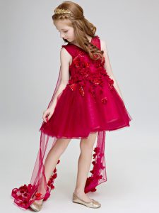 Ball Gowns Sleeveless Wine Red Little Girls Pageant Dress Wholesale Watteau Train Lace Up