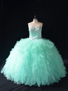 Luxurious Apple Green Ball Gowns Sweetheart Sleeveless Tulle Floor Length Lace Up Beading and Ruffles Quinceanera Gown