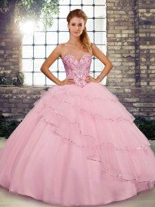 Cute Sleeveless Brush Train Beading and Ruffled Layers Lace Up Quince Ball Gowns