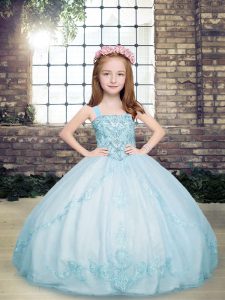 Sleeveless Floor Length Beading Lace Up Kids Formal Wear with Light Blue