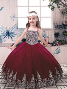 Burgundy Lace Up Straps Beading and Embroidery Little Girl Pageant Dress Tulle Sleeveless