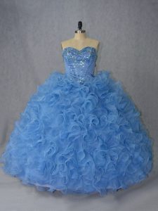 Blue Sweetheart Neckline Beading and Ruffles Ball Gown Prom Dress Sleeveless Lace Up