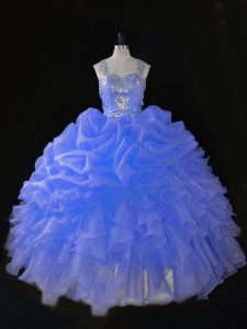 Custom Fit Blue Ball Gowns Organza Straps Sleeveless Beading and Ruffles Floor Length Zipper 15 Quinceanera Dress