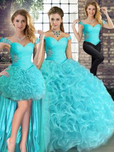 Fancy Floor Length Lace Up Sweet 16 Dress Aqua Blue for Military Ball and Sweet 16 and Quinceanera with Beading