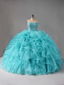 Aqua Blue Lace Up Quinceanera Gown Beading and Ruffles Sleeveless