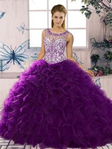 Modern Purple Organza Lace Up Scoop Sleeveless Floor Length Quince Ball Gowns Beading and Ruffles