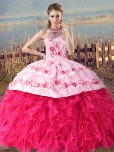 Inexpensive Sleeveless Court Train Embroidery and Ruffles Lace Up Quince Ball Gowns
