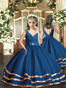Navy Blue Sleeveless Organza Backless Child Pageant Dress for Party and Sweet 16 and Wedding Party