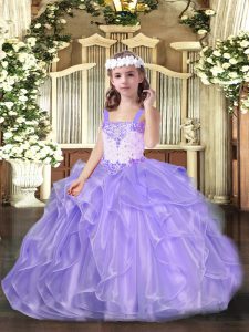 Sleeveless Floor Length Beading and Ruffles Lace Up Little Girl Pageant Gowns with Lavender