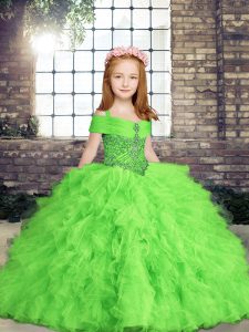 Simple Lace Up Little Girls Pageant Dress Beading and Ruffles Sleeveless Floor Length