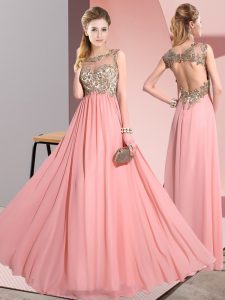 Beading and Appliques Dama Dress for Quinceanera Pink Backless Sleeveless Floor Length