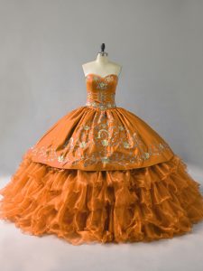 Gold Organza Lace Up Sweetheart Sleeveless Floor Length Sweet 16 Quinceanera Dress Embroidery and Ruffles