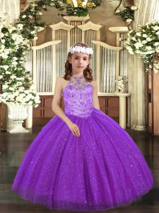 Simple Tulle Sleeveless Floor Length High School Pageant Dress and Beading