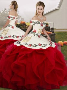 Fashionable White And Red Tulle Lace Up Off The Shoulder Sleeveless Floor Length 15th Birthday Dress Embroidery and Ruffles