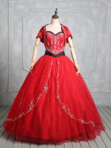 Comfortable Red Sleeveless Floor Length Embroidery Lace Up Sweet 16 Quinceanera Dress