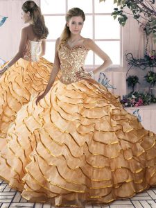 Gold Sweetheart Lace Up Beading and Ruffled Layers Quinceanera Gowns Brush Train Sleeveless