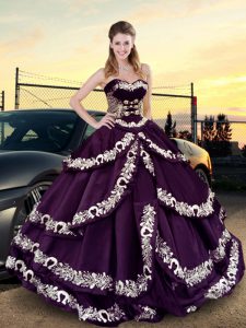 Sleeveless Satin and Silk Like Satin Floor Length Lace Up 15 Quinceanera Dress in Purple with Embroidery and Ruffled Layers