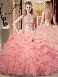 Organza Scoop Sleeveless Lace Up Beading and Ruffles and Pick Ups Quinceanera Gowns in Peach