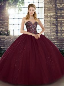Pretty Burgundy Ball Gowns Tulle Sweetheart Sleeveless Beading Floor Length Lace Up Sweet 16 Dresses