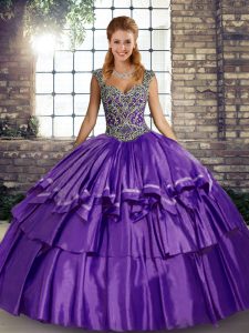 Modest Purple Sleeveless Floor Length Beading and Ruffled Layers Lace Up Vestidos de Quinceanera