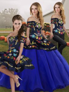 Off The Shoulder Sleeveless Lace Up Quinceanera Gowns Royal Blue Tulle