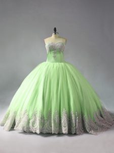 Exquisite Yellow Green Ball Gown Prom Dress Sweet 16 and Quinceanera with Beading and Appliques Sweetheart Sleeveless Court Train Lace Up