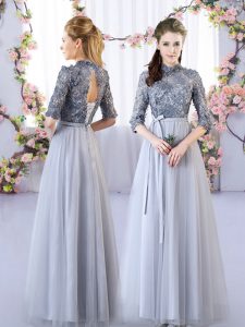 Grey Vestidos de Damas Wedding Party with Appliques High-neck Half Sleeves Lace Up