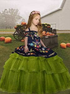 Nice Sleeveless Floor Length Embroidery Lace Up Little Girls Pageant Gowns with Olive Green