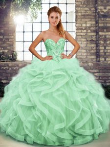 Apple Green Ball Gowns Sweetheart Sleeveless Tulle Floor Length Lace Up Beading and Ruffles Sweet 16 Dresses